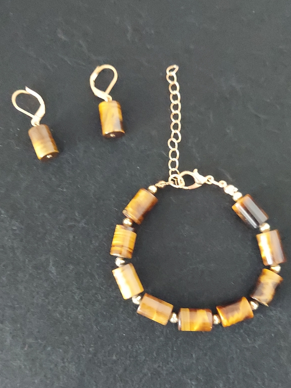 Tiger's Eye Bead Bracelet and Earring Set - Brown Gold Tones